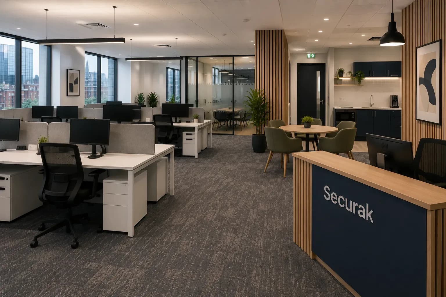 Cat B office fit-out showing carpet flooring, task lighting, glass manifestation, workstations, kitchenette and reception joinery in a UK commercial office.
