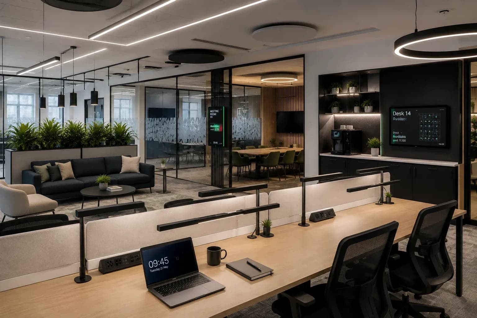 Cat B office fit-out showing task lighting, desk power and data points, glass meeting-room manifestation and workplace technology in a UK commercial office.