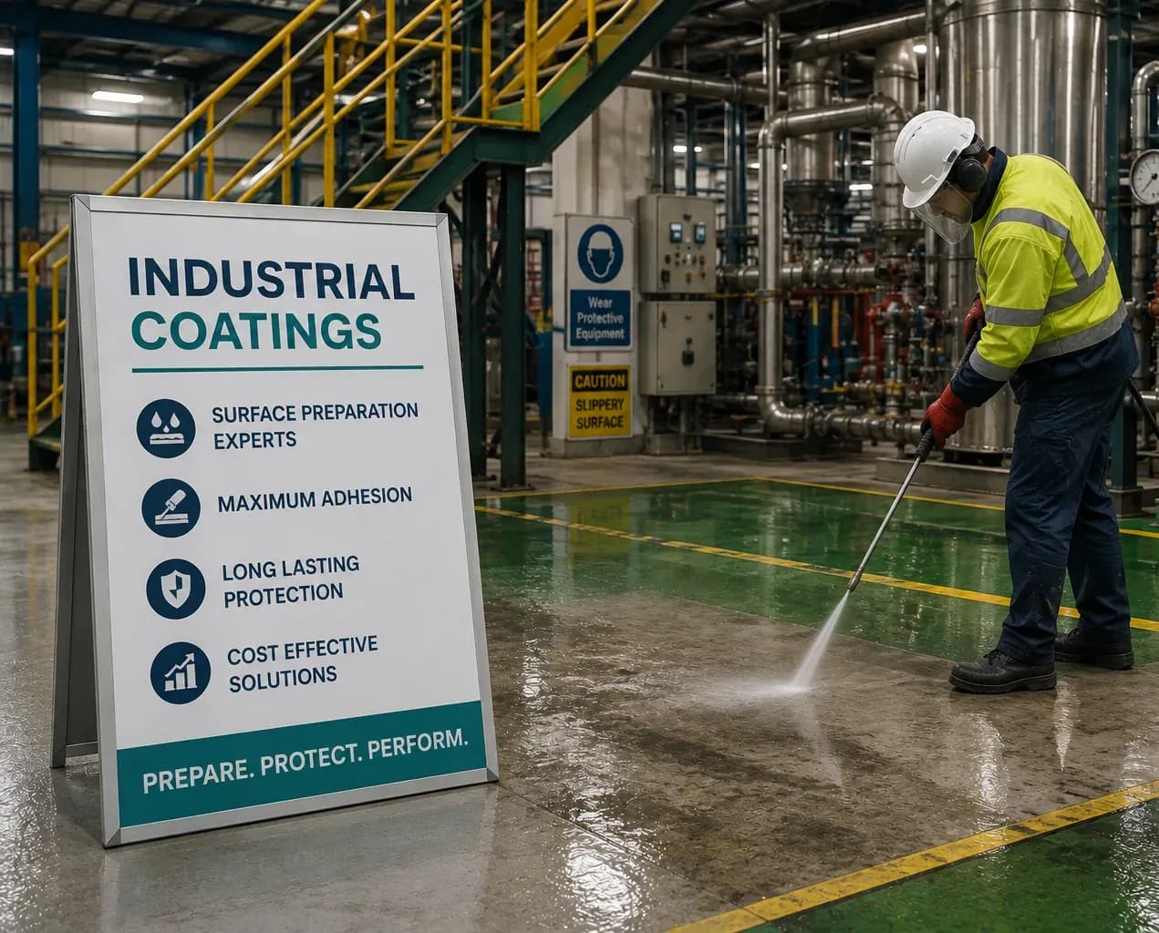  Worker preparing an industrial floor surface before coating in a UK plant facility.