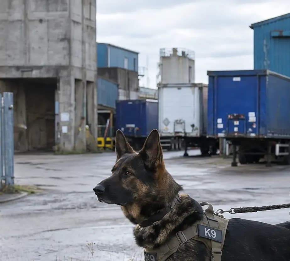 ecurity dog and handler patrolling a commercial or industrial site