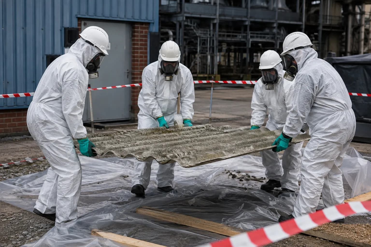 Workers safely removing asbestos-containing materials