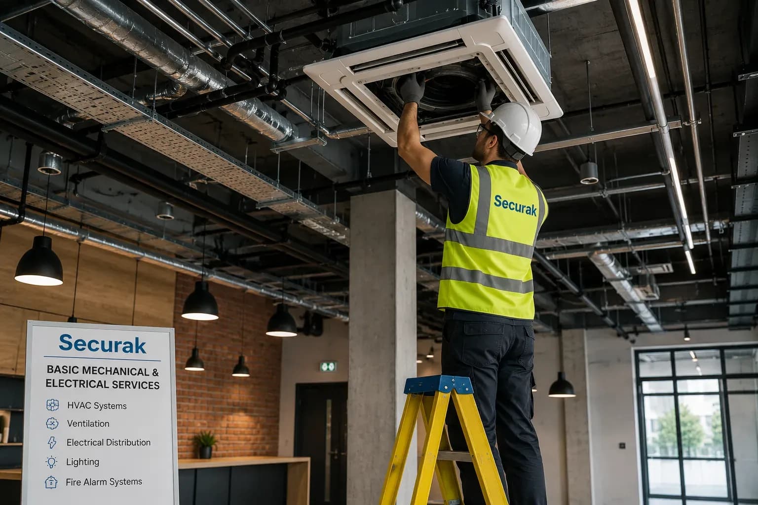 Basic mechanical and electrical services being installed in a UK commercial Cat A fit-out