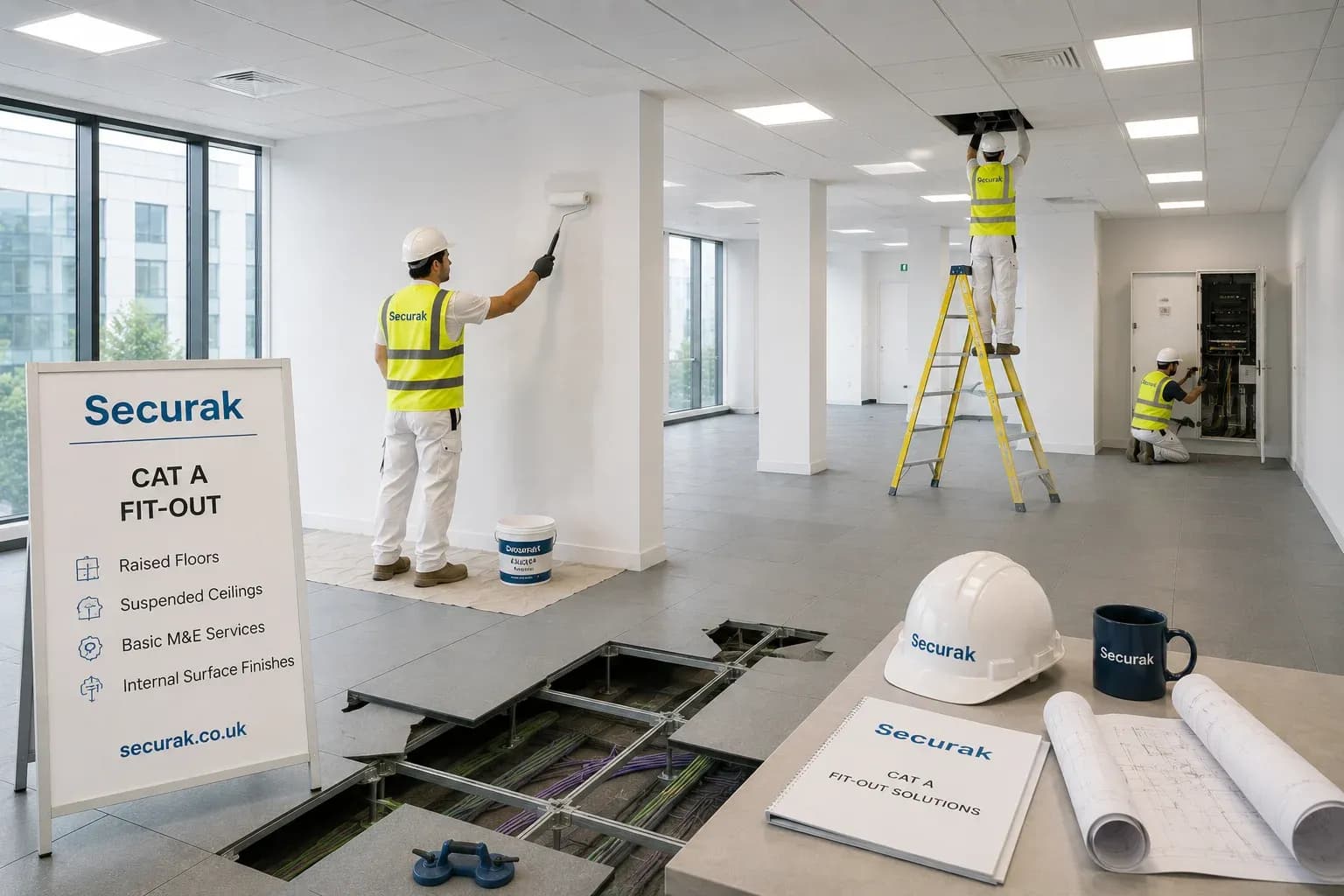 Cat A fit-out workspace with raised floors, suspended ceilings, basic services and internal surface finishes in a UK commercial office.