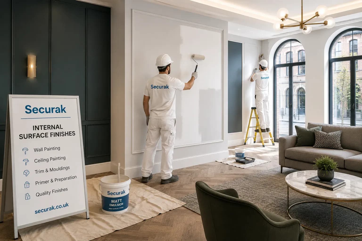 Internal surface finishing work, including wall painting and ceiling decoration, in a UK commercial fit-out.