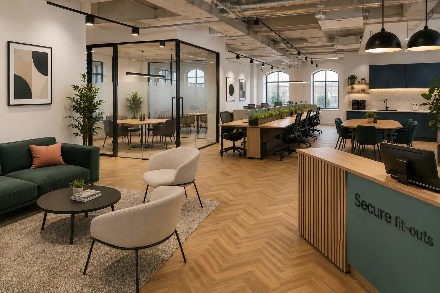 Cat B office fit-out showing timber flooring, specialist lighting, glass meeting rooms, workstations, kitchenette and bespoke joinery in a UK commercial office.
