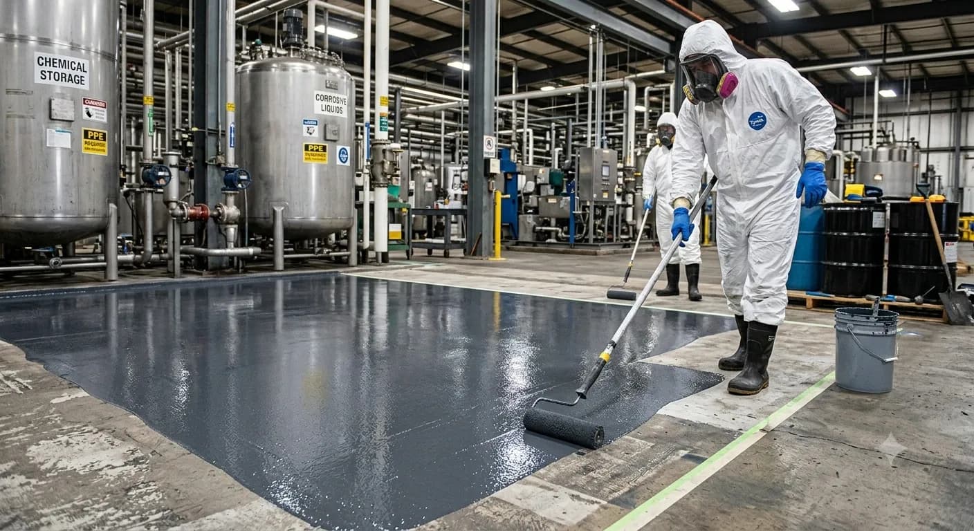 Workers applying chemical-resistant floor coating in an industrial facility.