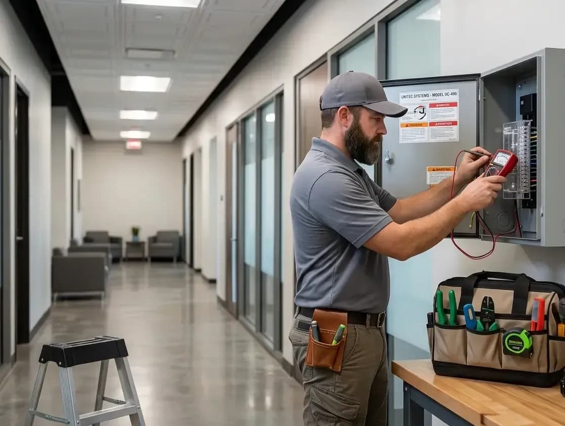 Securak technician using a multimeter to test a commercial electrical control panel in an office hallway