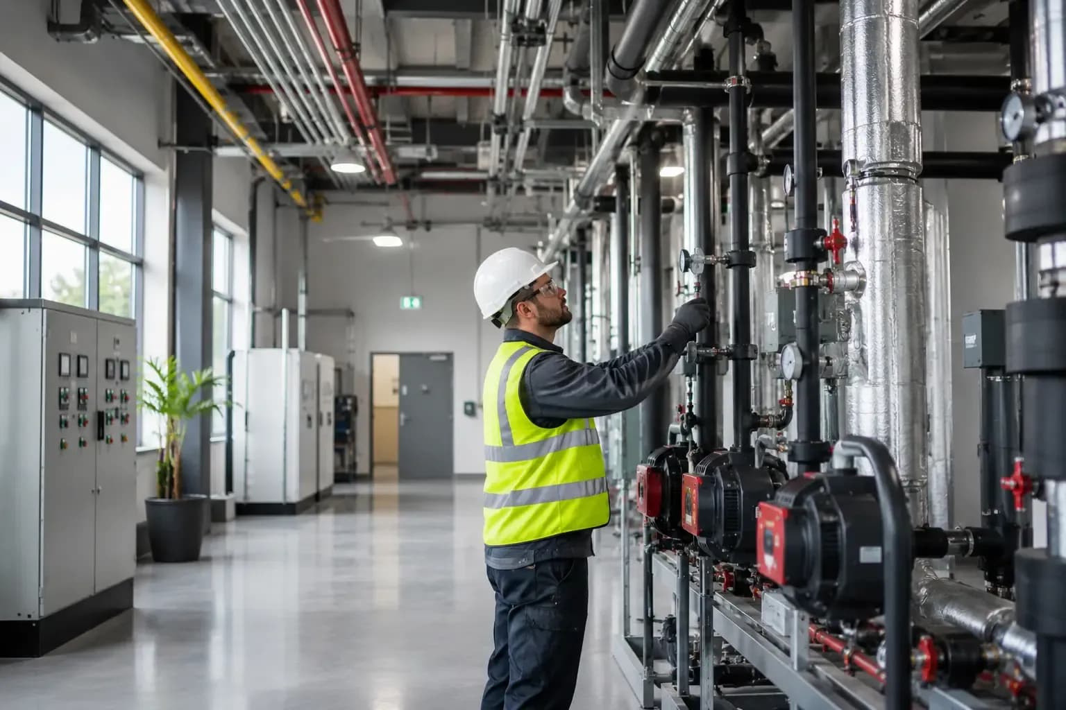 Engineer inspecting building services and mechanical equipment in a commercial facility