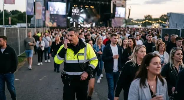 A professional event security officer in a high-visibility jacket communicating via walkie-talkie while managing crowd safety at a large outdoor event.