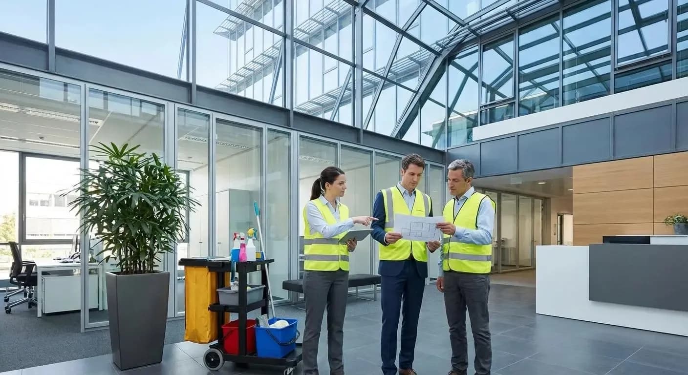 Professional facility management team coordinating maintenance and building operations at a commercial property.