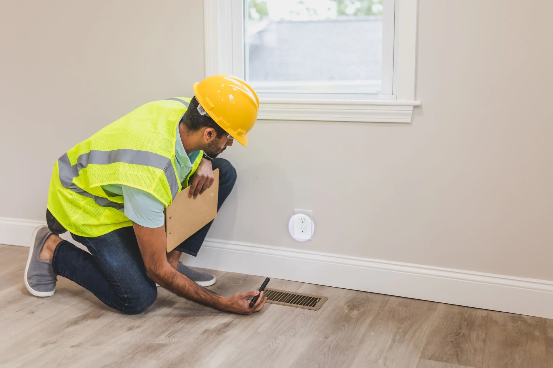 Worker inspecting a property for fire risk assessment remedial works