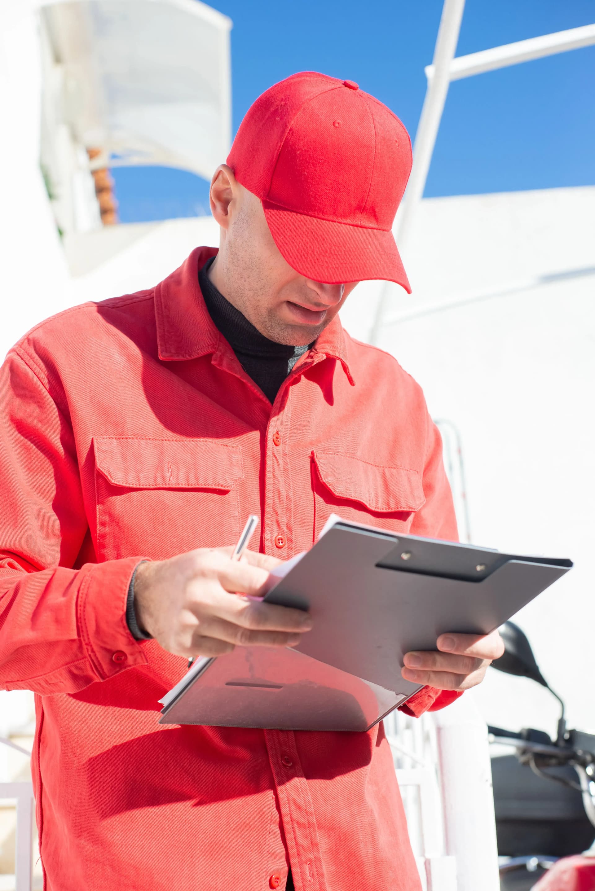 Worker reviewing a fire risk assessment document for remedial works