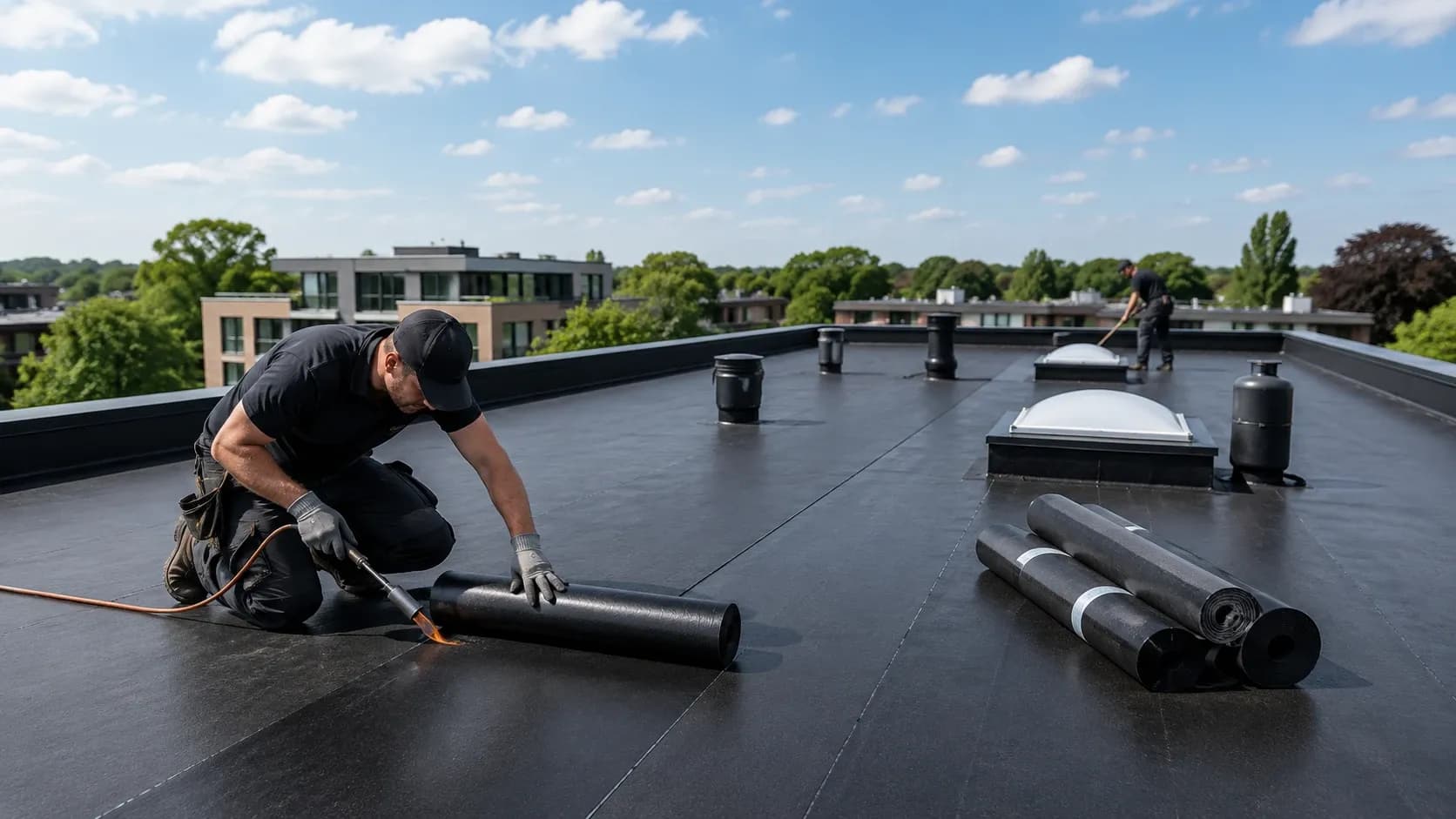 Roofers installing a flat roofing membrane on a large commercial roof