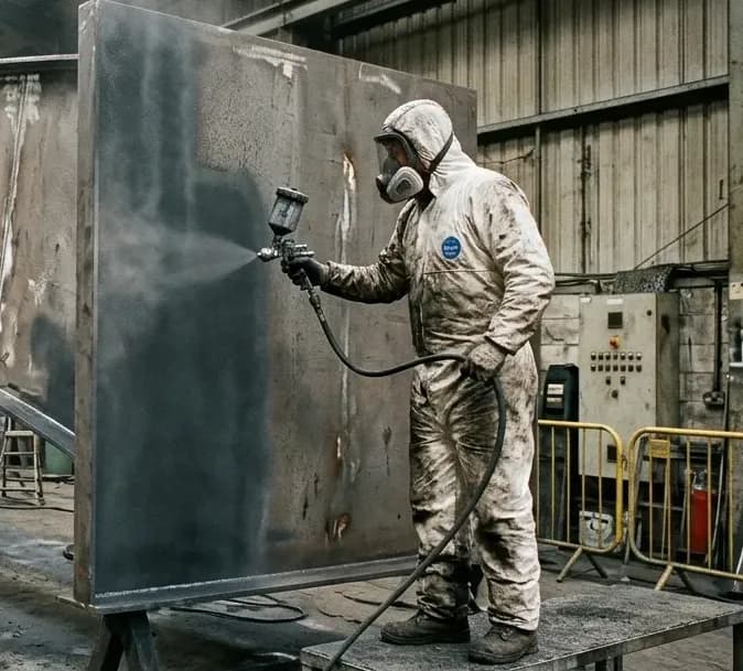 Worker applying protective industrial coating to structural steelwork in a UK industrial facility.
