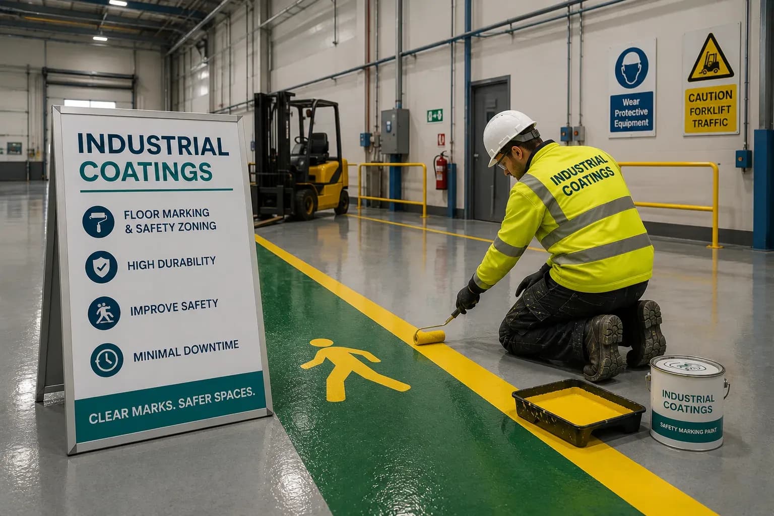 Industrial floor marking and safety zoning being applied in a UK warehouse.
