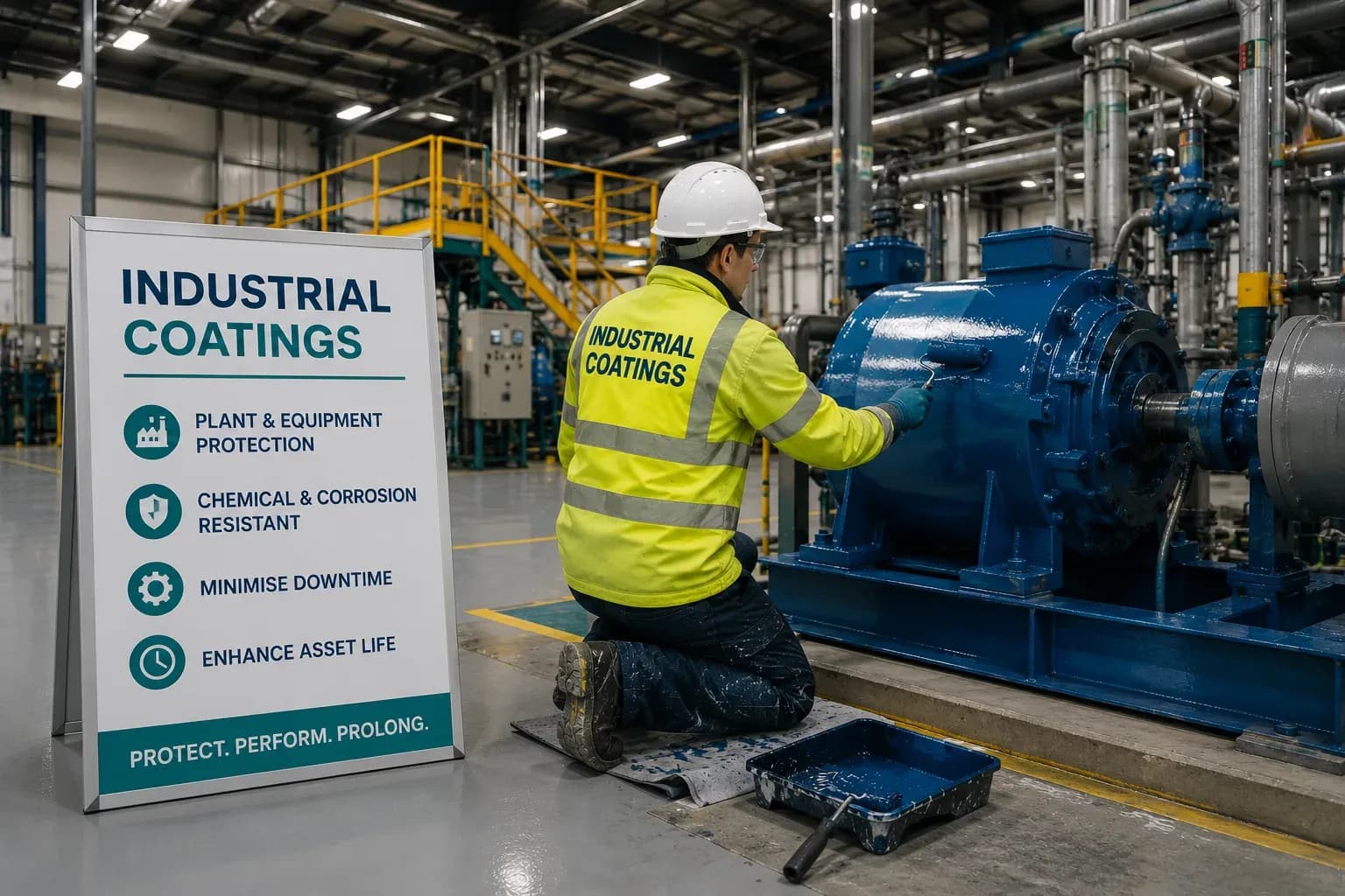 Industrial coating being applied to plant equipment in a UK industrial facility.
