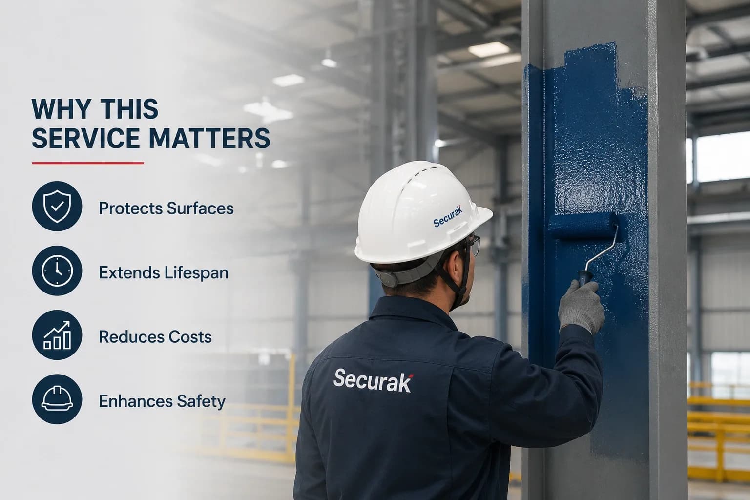 Industrial coatings specialist applying protective coating to a steel column inside a commercial facility.