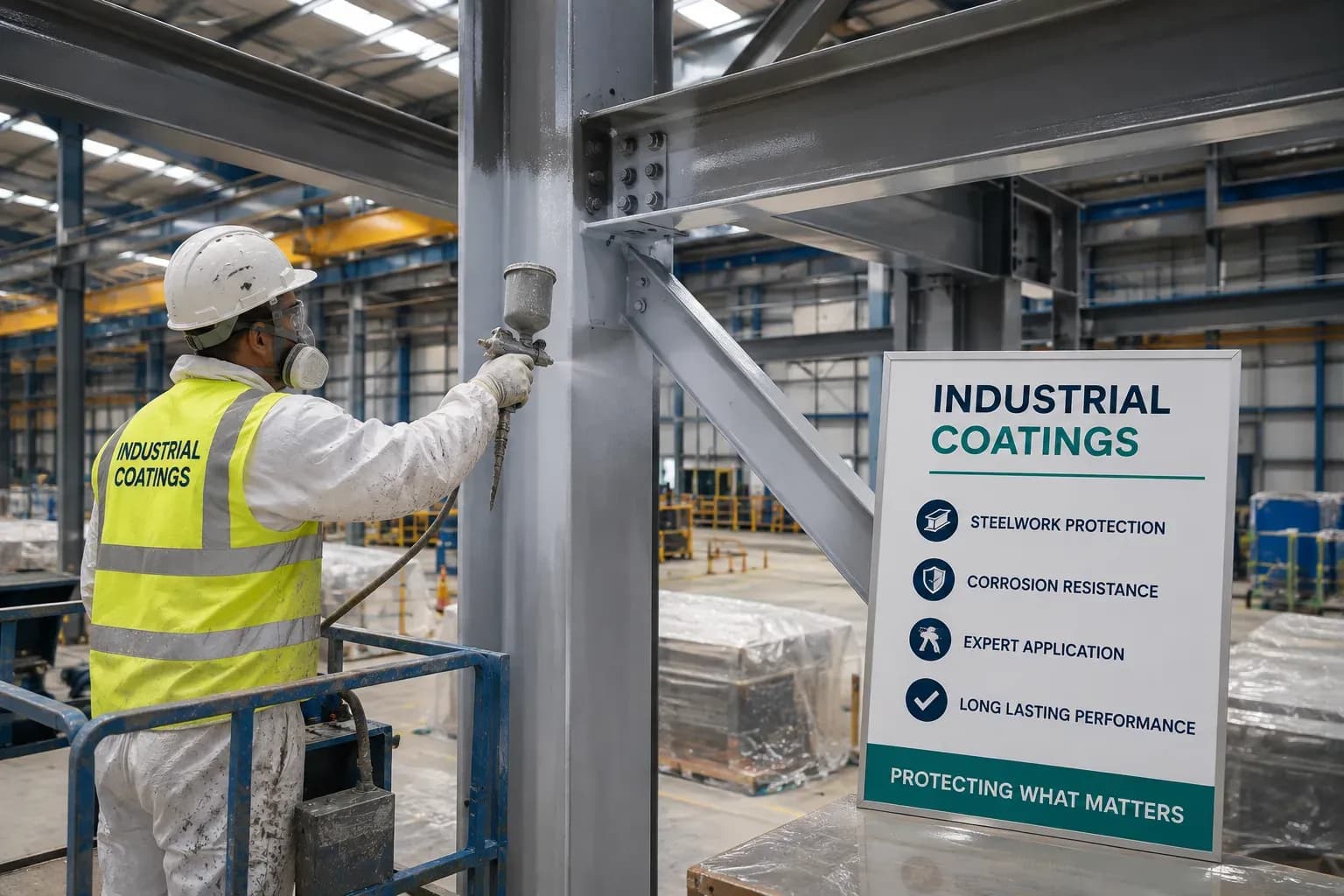 Worker applying protective industrial coating to structural steelwork in a UK industrial facility.