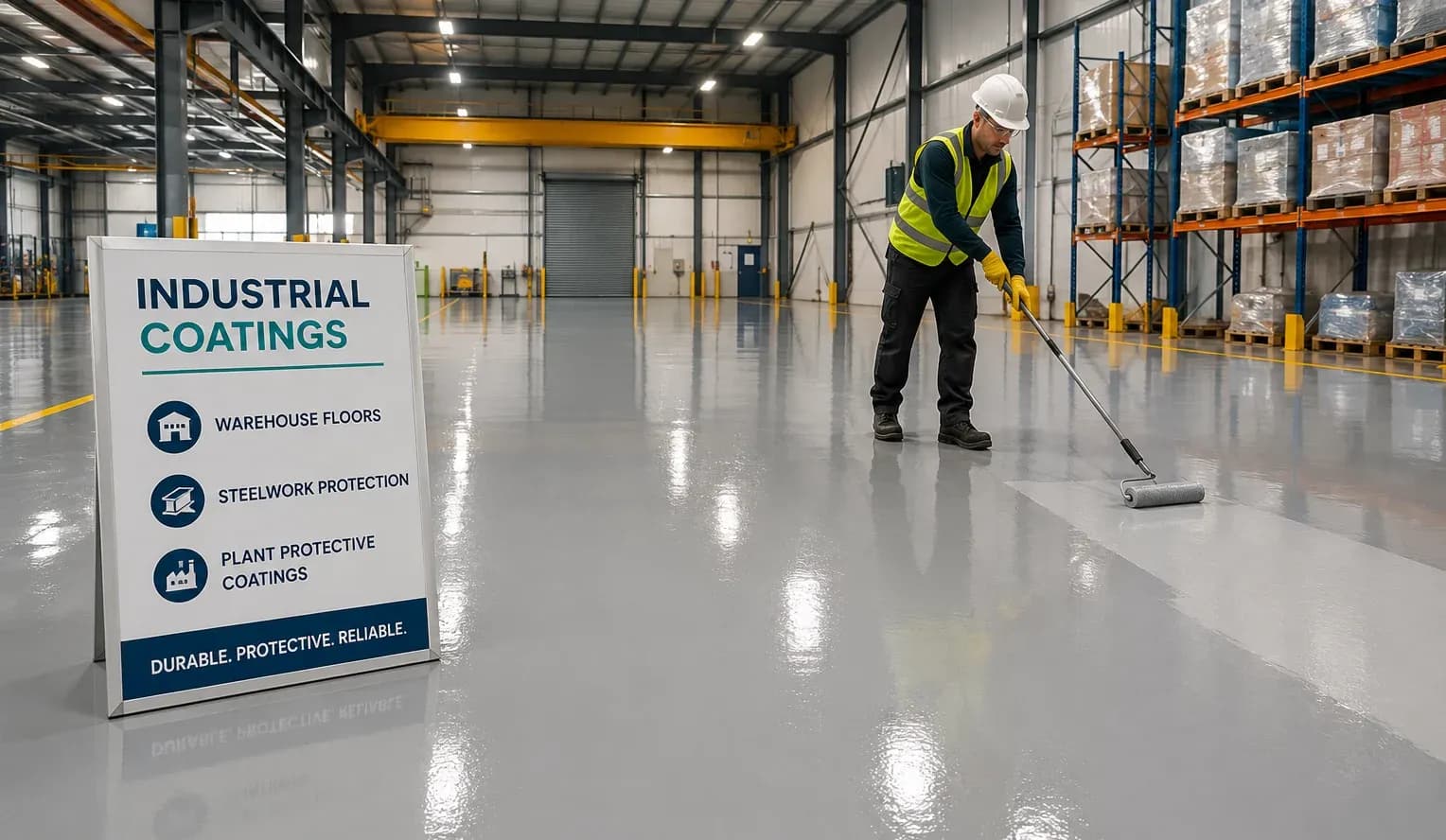 Worker applying industrial floor coating in a UK warehouse.
