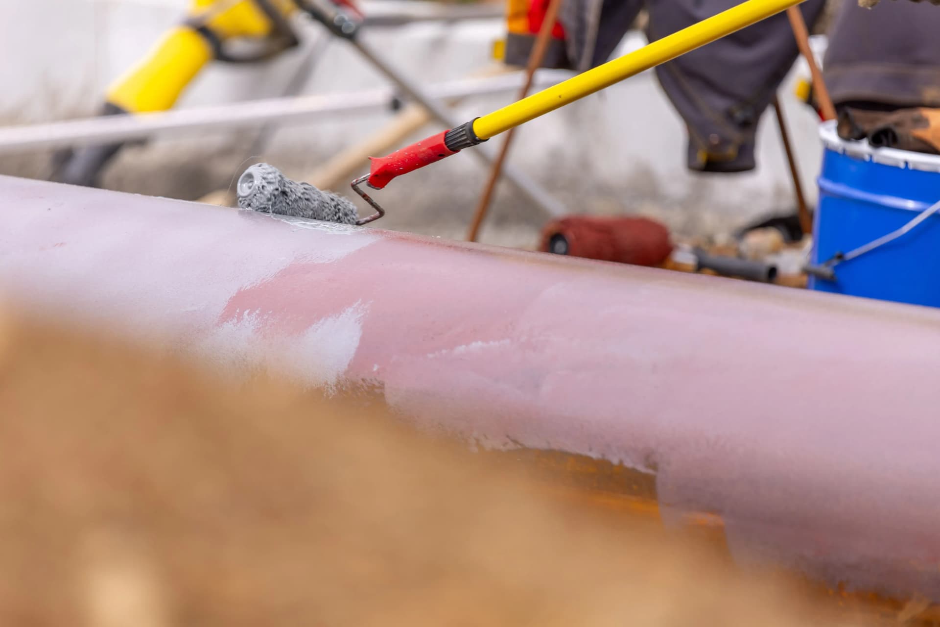 Roller applying intumescent coating to structural steelwork