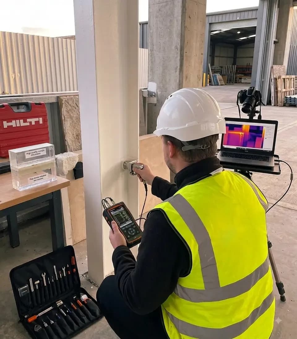 A Securak professional installing and analyzing passive fire prevention.