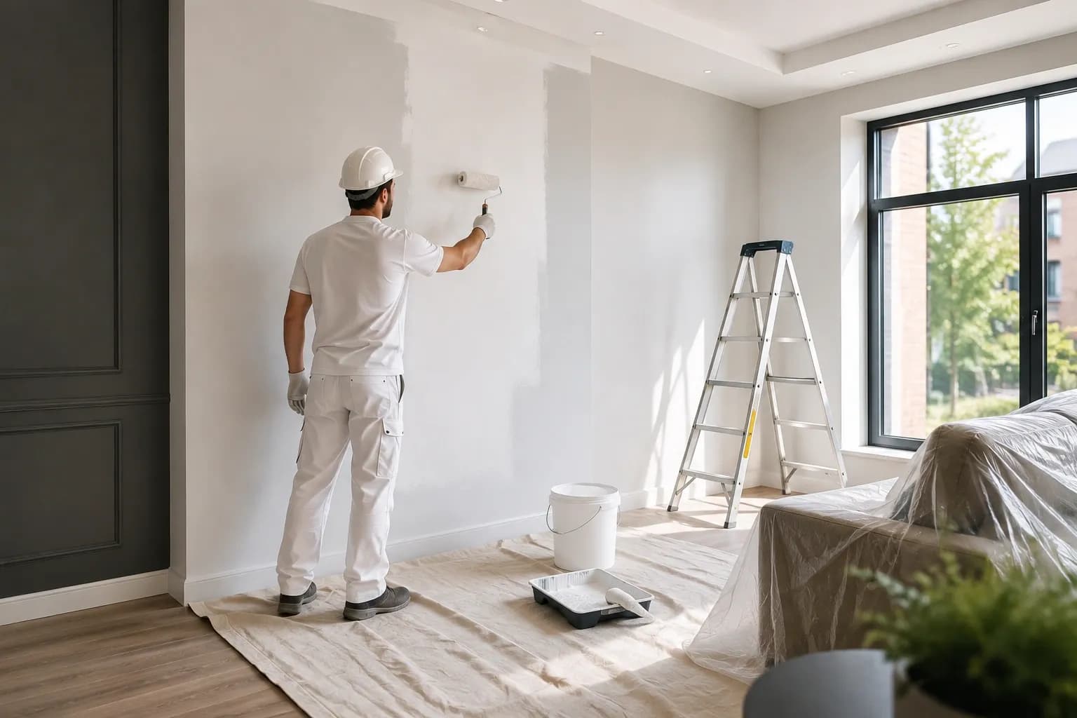 Professional painter applying a fresh coat of paint to an interior wall in a modern room.