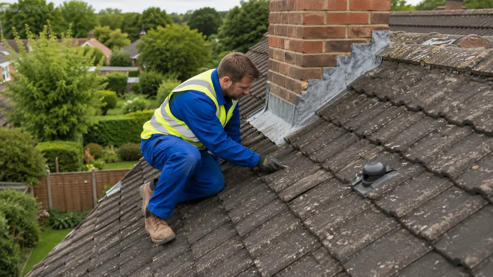 Professional roofer inspecting roof tiles and chimney flashing on a UK residential property