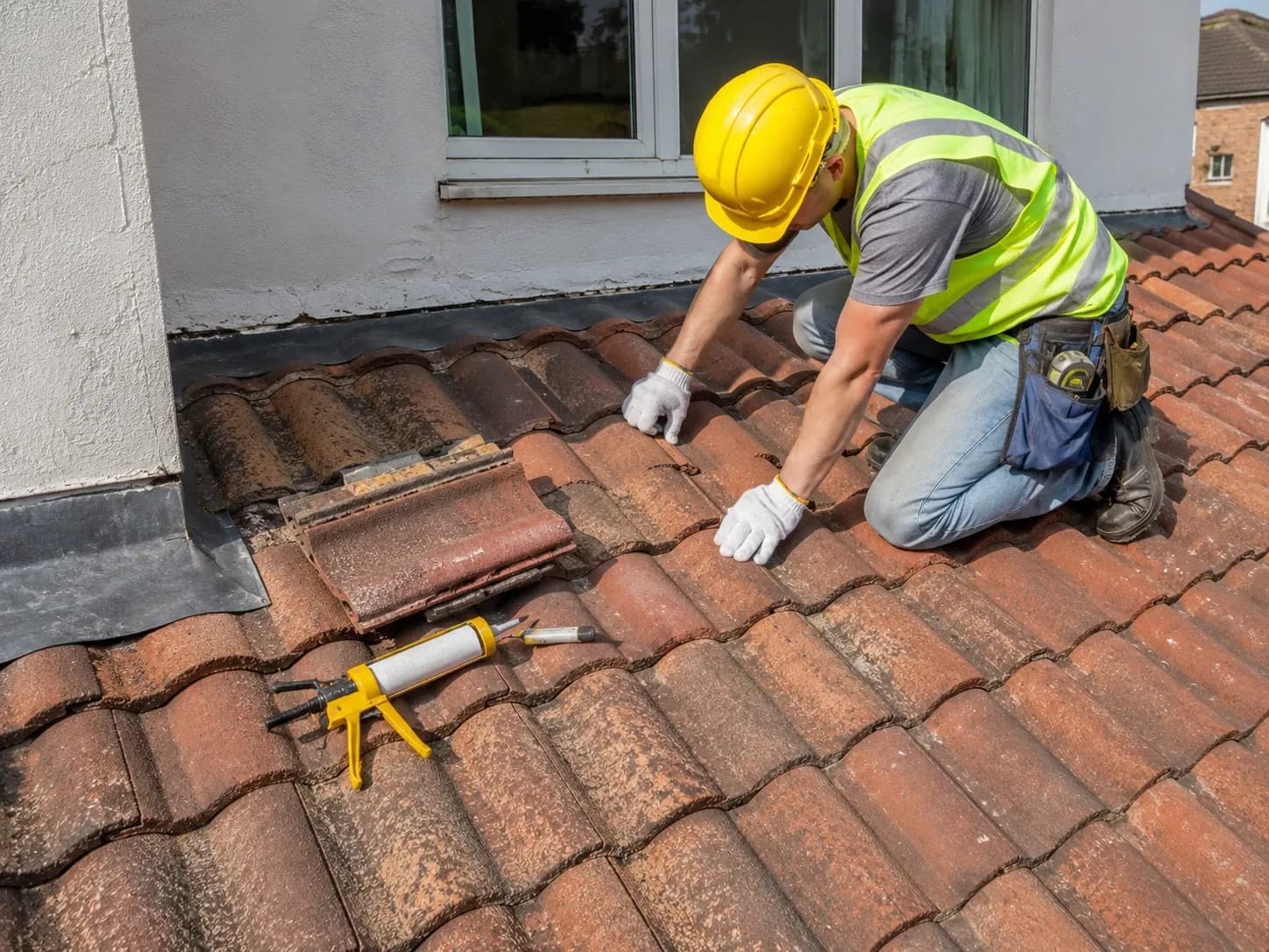 Professional roofer carrying out maintenance on a tiled roof
