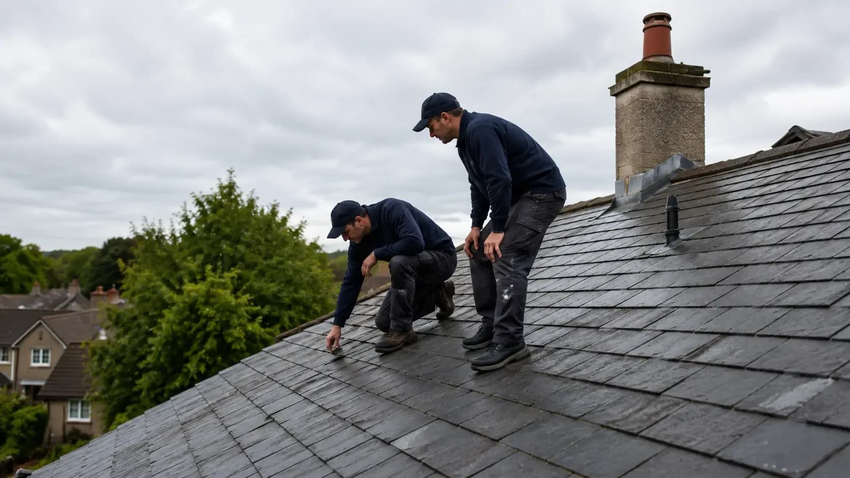Two professional roofers inspecting a pitched slate roof on a UK residential property during a roof assessment