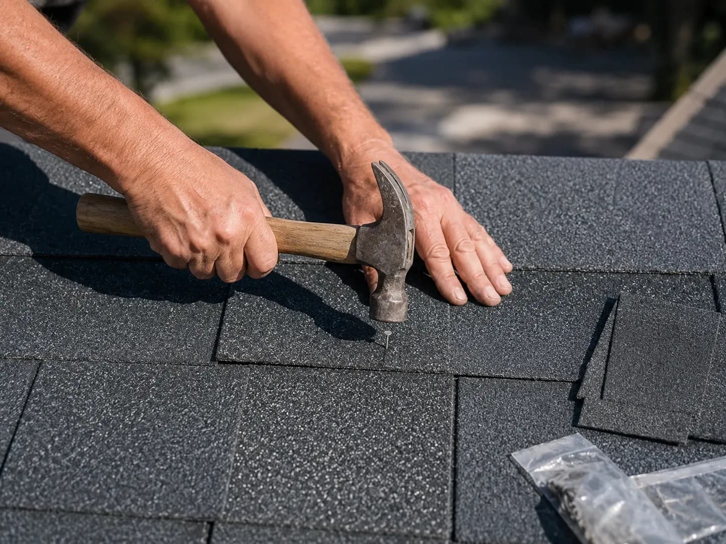 Roofer repairing asphalt roof shingles with a hammer