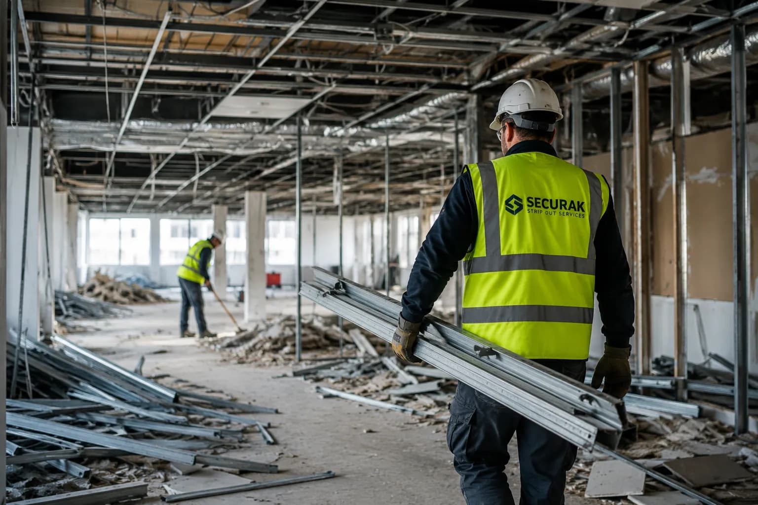 Professional team carrying out soft strip-out services in a UK commercial building, removing non-structural interiors for refurbishment.