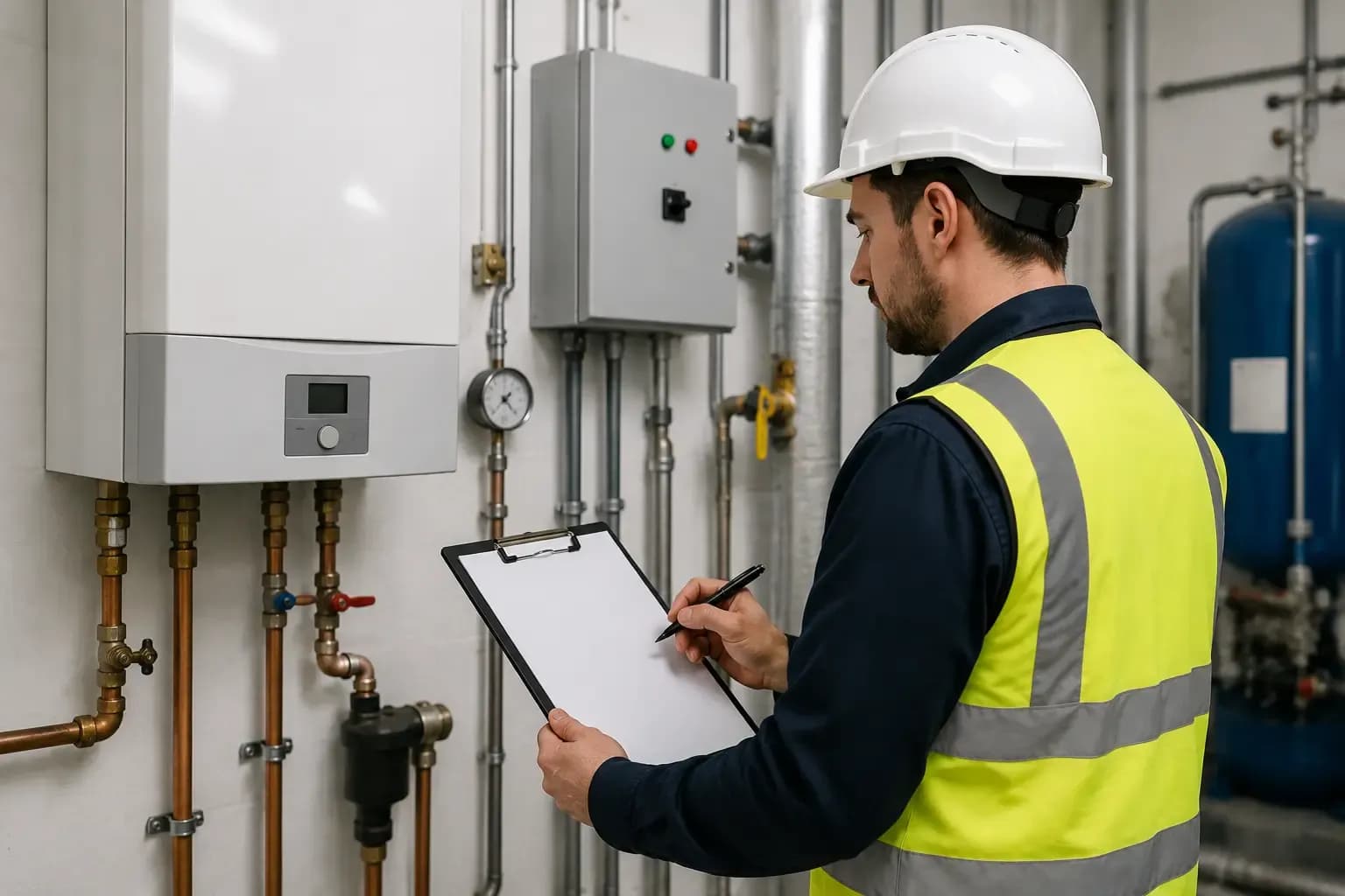 Professional technician carrying out statutory compliance checks in a commercial building